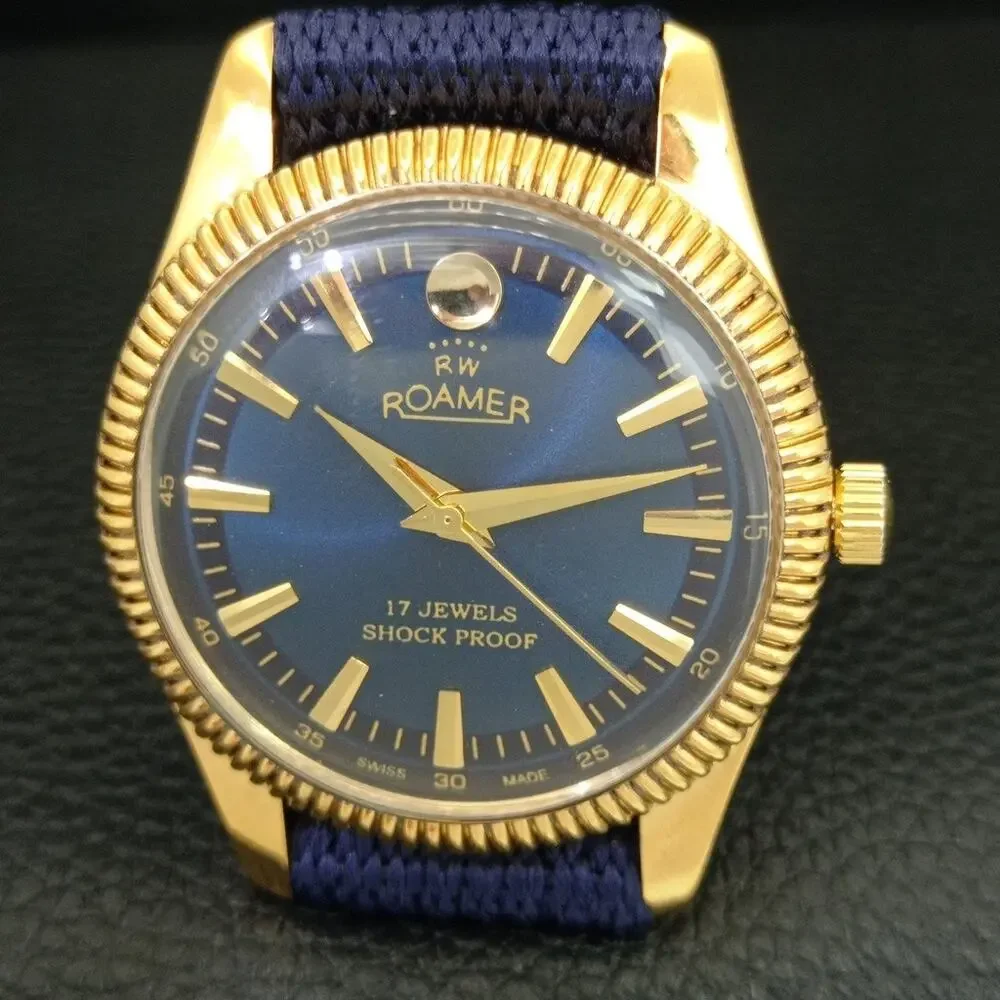 Vintage 1979 Roamer Manual Mens Gold Watch W/Nato Strap & Blue accents